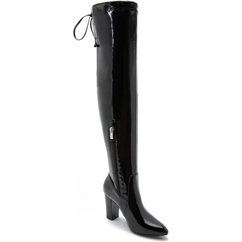 Women Black Pu Leather Pointed Toe Zipper Over The Knee Thigh High Long Boots